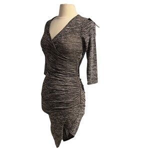 Love J Asymmetrical Gray Ruched Mini Wrap 3/4 Sleeve Dress Small NWT